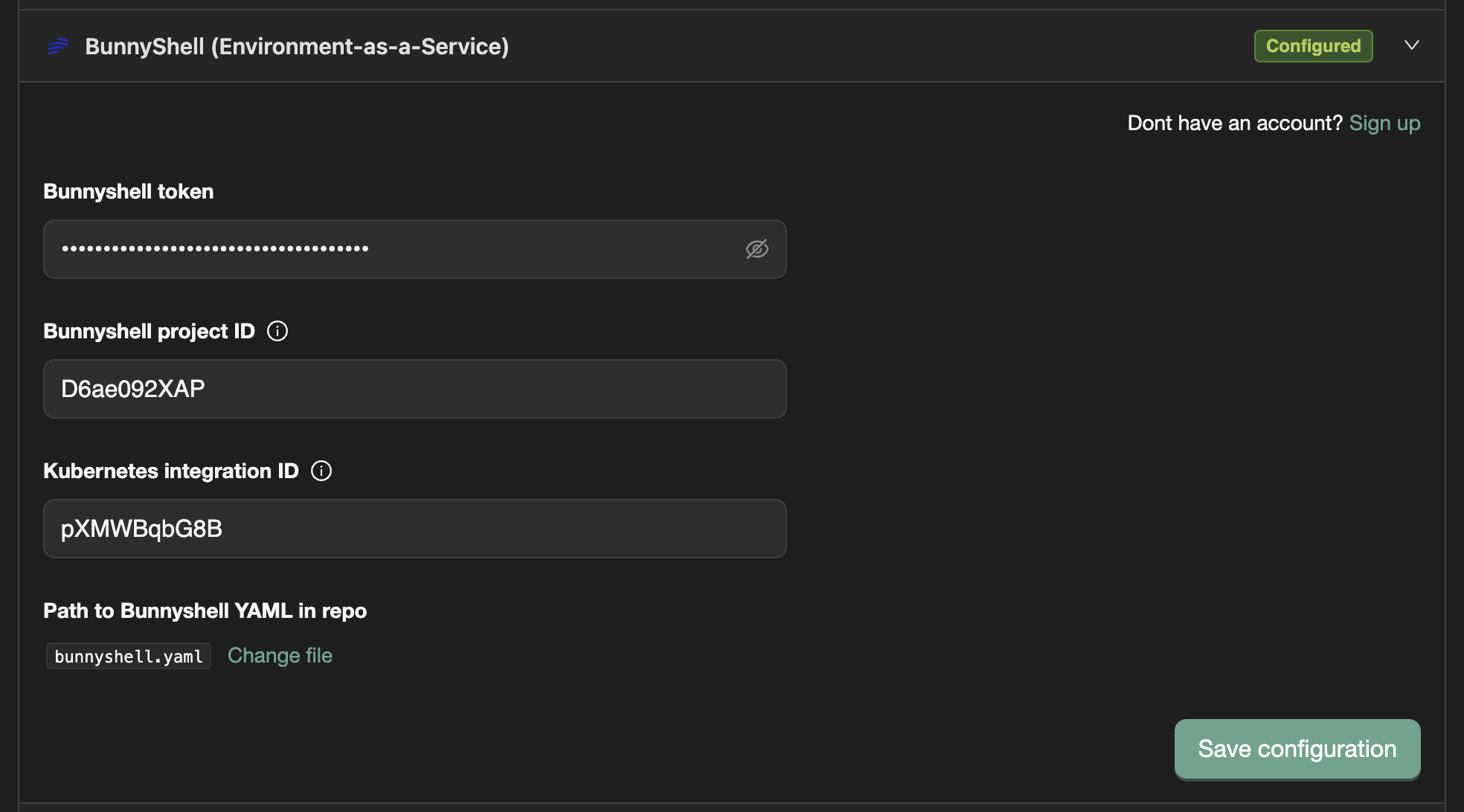 Bunnyshell integration settings in TestChimp