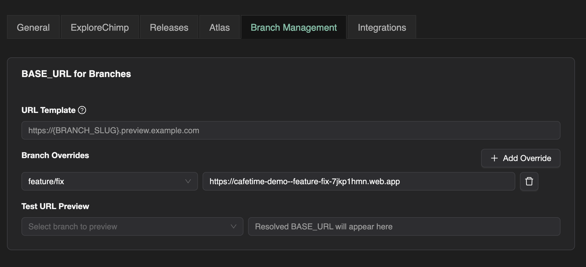 Branch management in Project settings