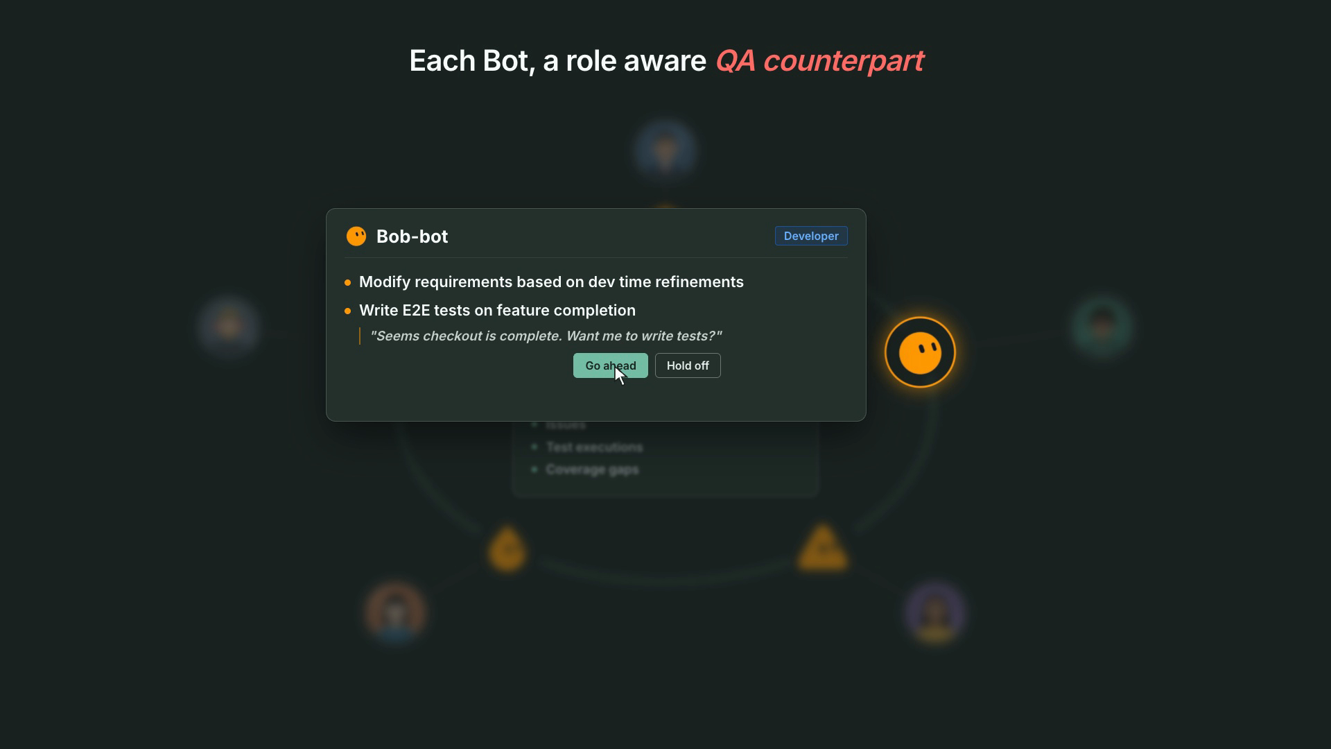 A developer's Bonobi asks whether to write tests now that checkout looks complete