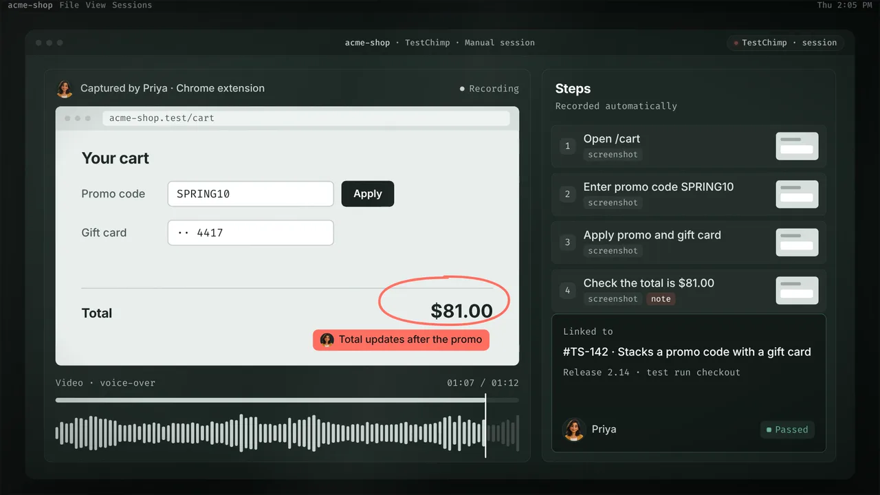 A manual session in TestChimp: steps are recorded with screenshots, a voice-over plays under the video, a note is drawn on the screen, and the session is linked to a scenario in the release test run.