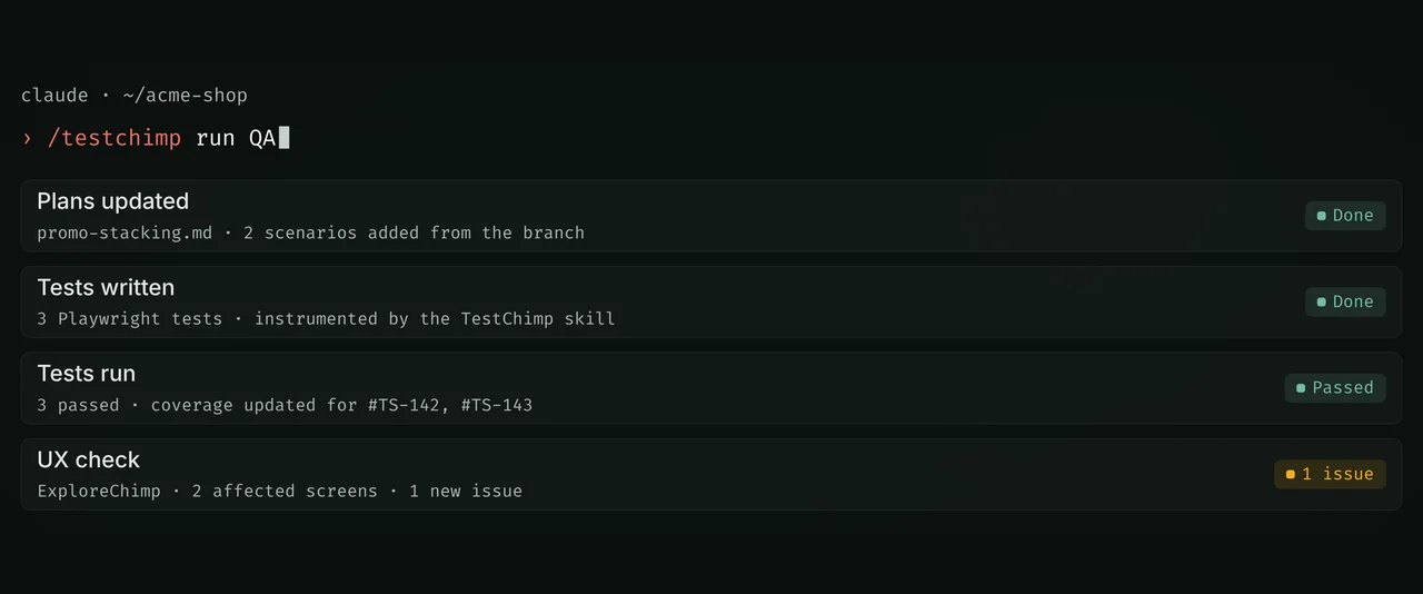 /testchimp run QA in Claude Code on feature/promo-stacking: plans updated, three tests written and passed, and a UX check on two affected screens finding one issue.