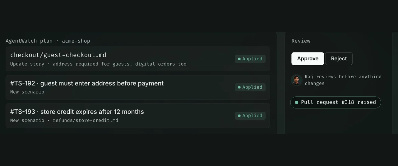 An AgentWatch plan: one story update and two new scenarios, approved by Raj and raised as pull request #318.