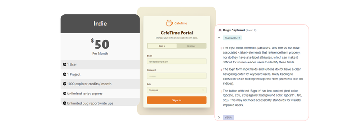 Image showing cafetime login, example bug report and indie pricing