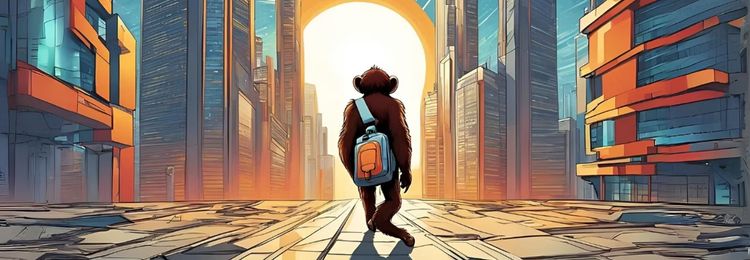 ExploreChimp walks through a futuristic city, exploring as only they can do